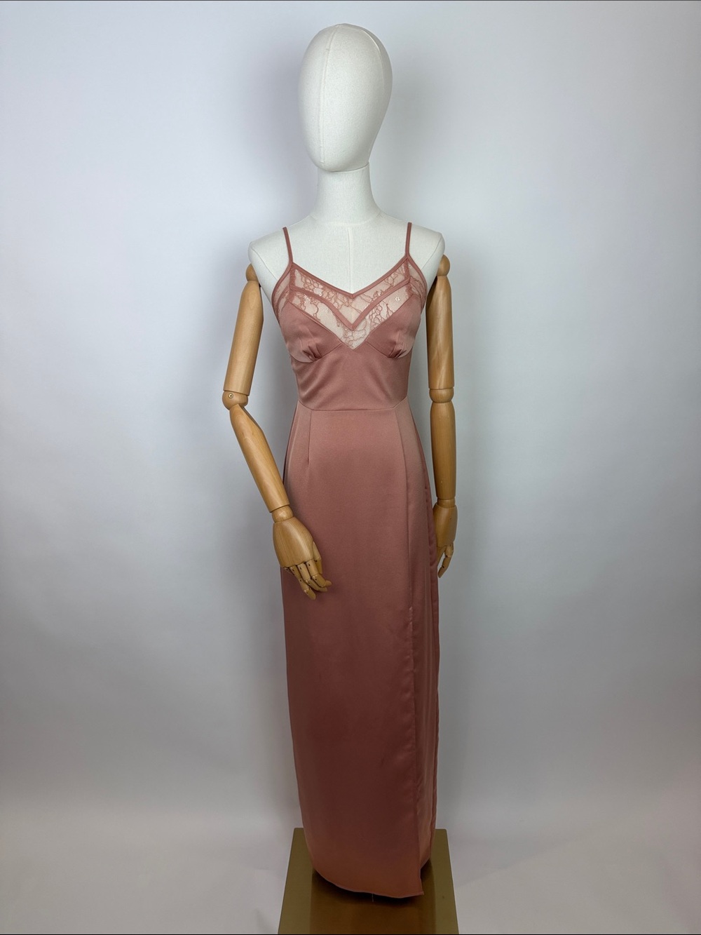 NBD Silky Dusty Rose Pink Maxi Slip Dress with Lace Trim